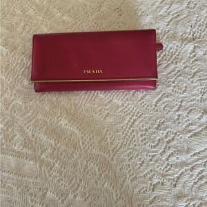 Prada Burgundy Saffiano Leather Fold-Over Wallet with Gold Logo